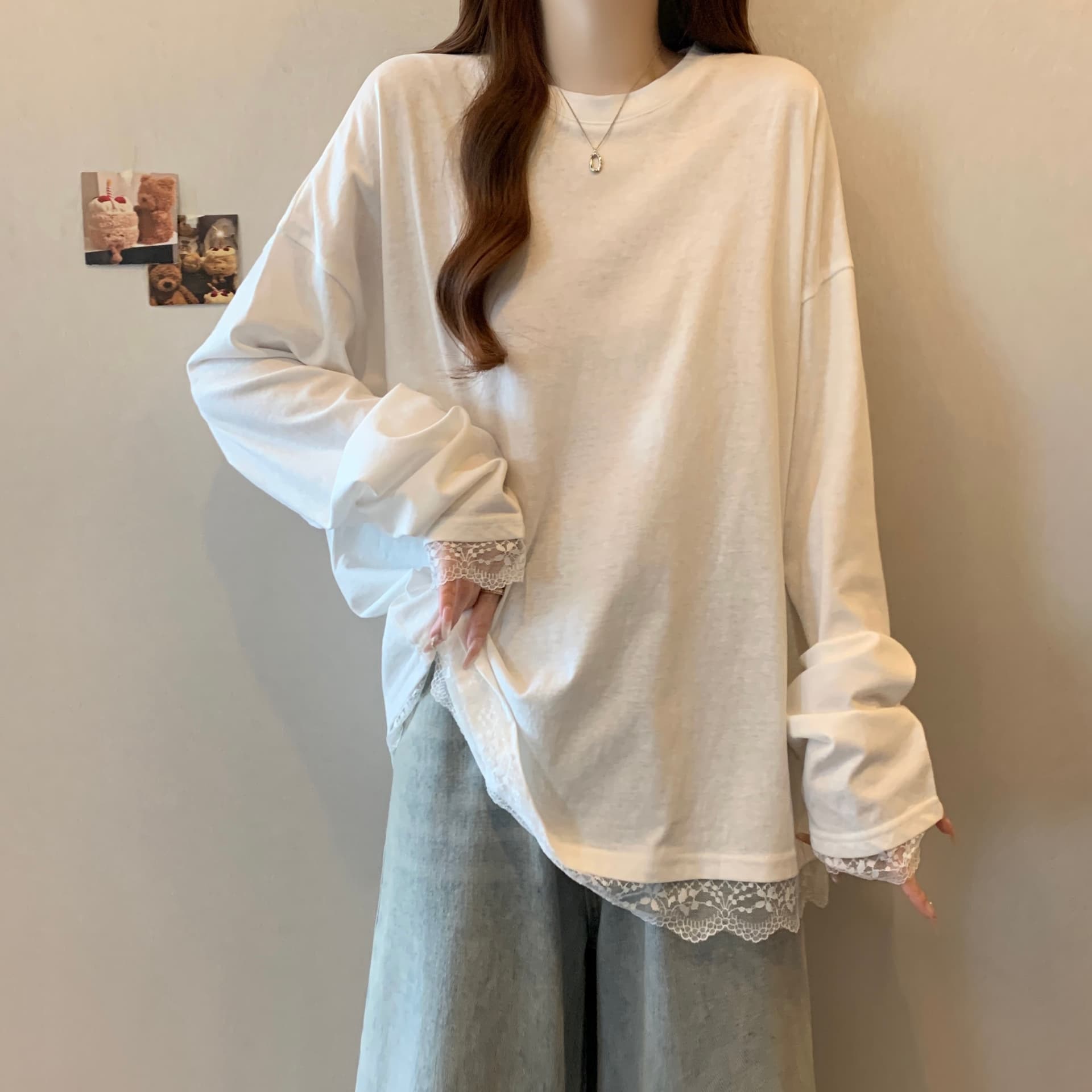 실사 마이크로 지방 mm 싱글 착용 루즈핏 슬림해 보이는 라운드 넥 루즈핏 화이트 맨위 인사이드 가져 가라. 레이스 조각 티셔츠 상세 이미지 1