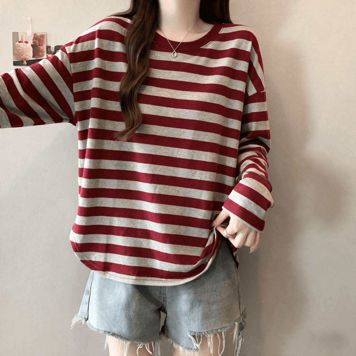 실사 빅 사이즈 지방 mm 루즈핏 라운드 넥 레트로 스트라이프 긴팔 티셔츠 느긋한 느슨함 센스 기본 셔츠 맨위 이미지 3