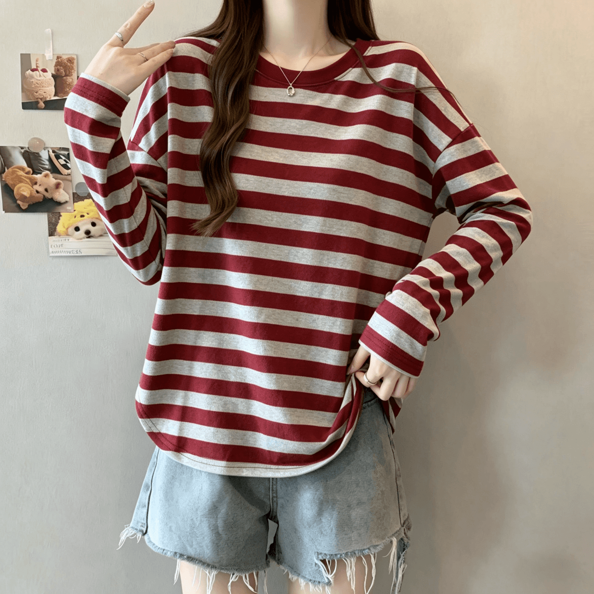 실사 빅 사이즈 지방 mm 루즈핏 라운드 넥 레트로 스트라이프 긴팔 티셔츠 느긋한 느슨함 센스 기본 셔츠 맨위 상세 이미지 3