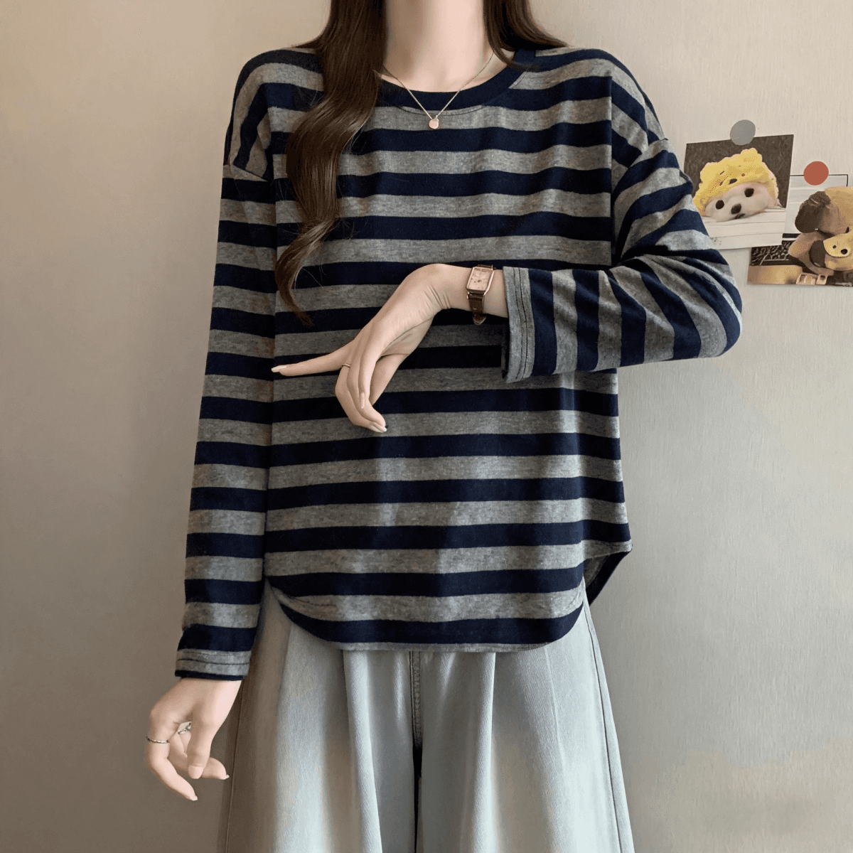 실사 빅 사이즈 지방 mm 루즈핏 라운드 넥 레트로 스트라이프 긴팔 티셔츠 느긋한 느슨함 센스 기본 셔츠 맨위 상세 이미지 7