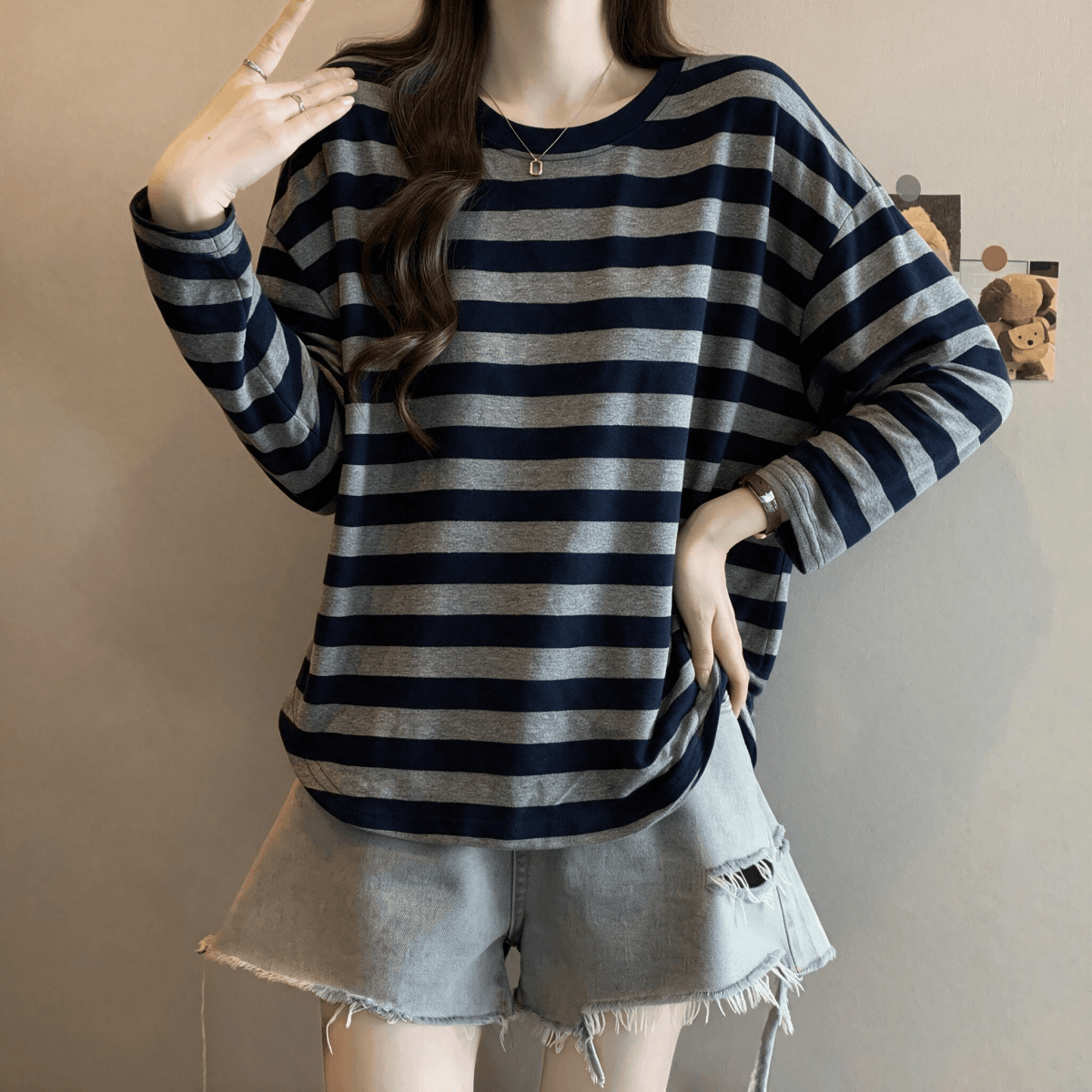 실사 빅 사이즈 지방 mm 루즈핏 라운드 넥 레트로 스트라이프 긴팔 티셔츠 느긋한 느슨함 센스 기본 셔츠 맨위 상세 이미지 8