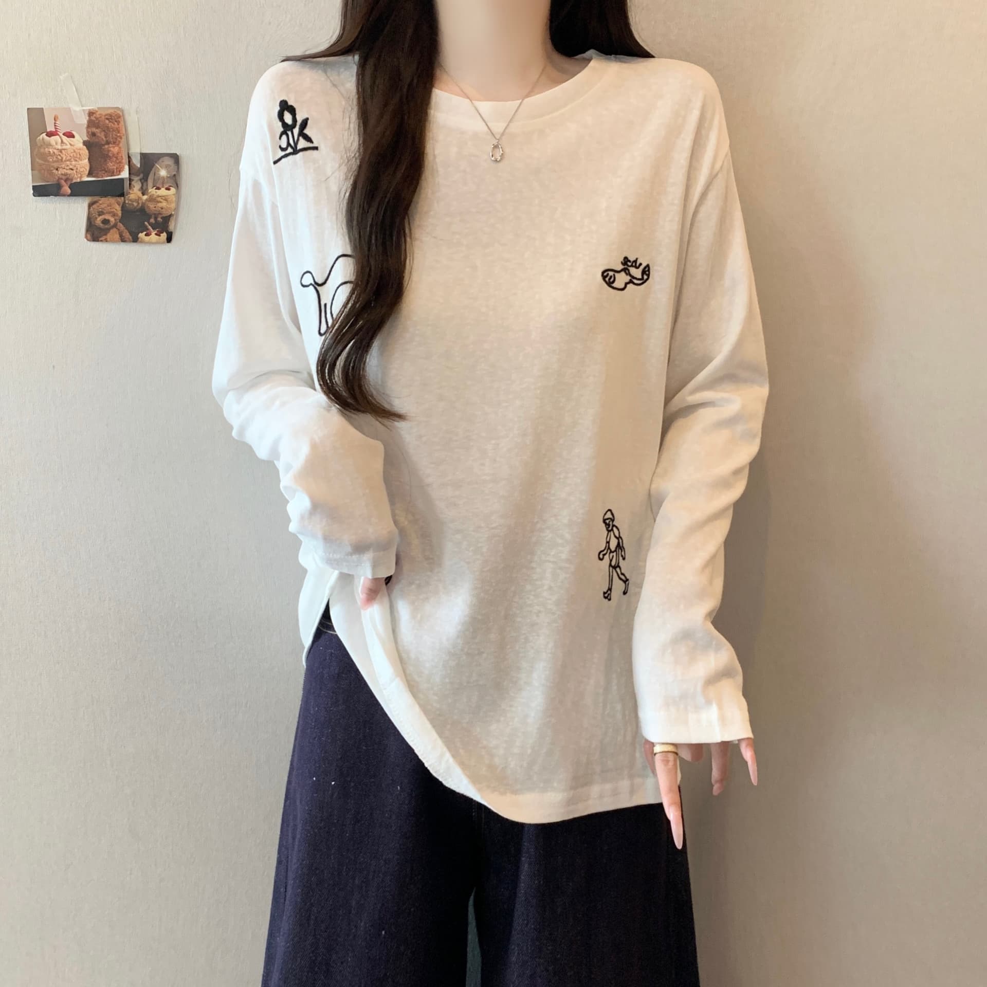 실사 2825# 마이크로 지방 mm 작은 대중 캐주얼 라운드 넥 다용도 자수 긴팔 티셔츠 미니멀리즘 패션 맨위 이미지 4