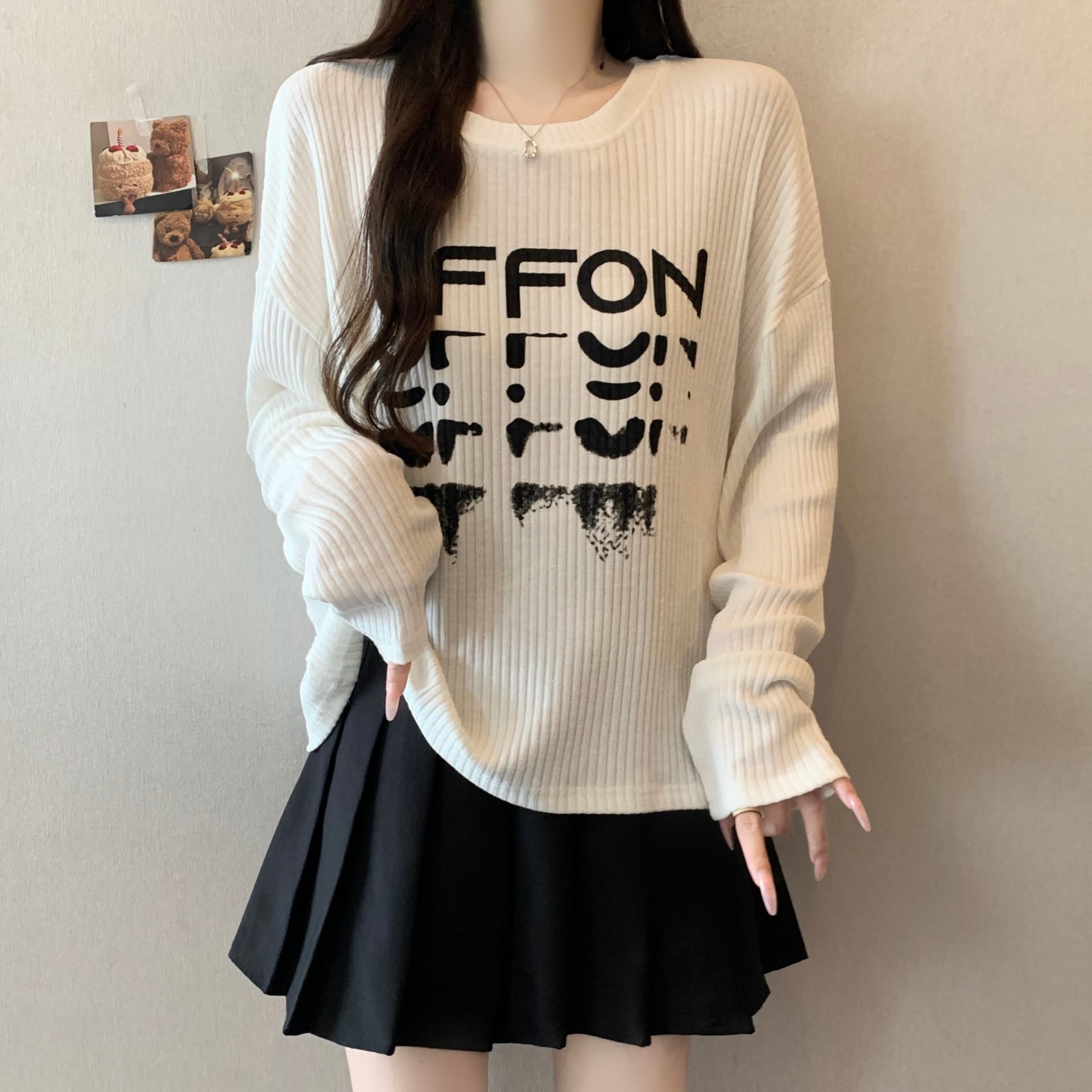 실사 2826# 마이크로 지방 mm 느긋한 바람 느슨함 센스 긴팔 티셔츠 미니멀리즘 캐주얼 다용도 구덩이 기사 프린트 맨위 상세 이미지 3