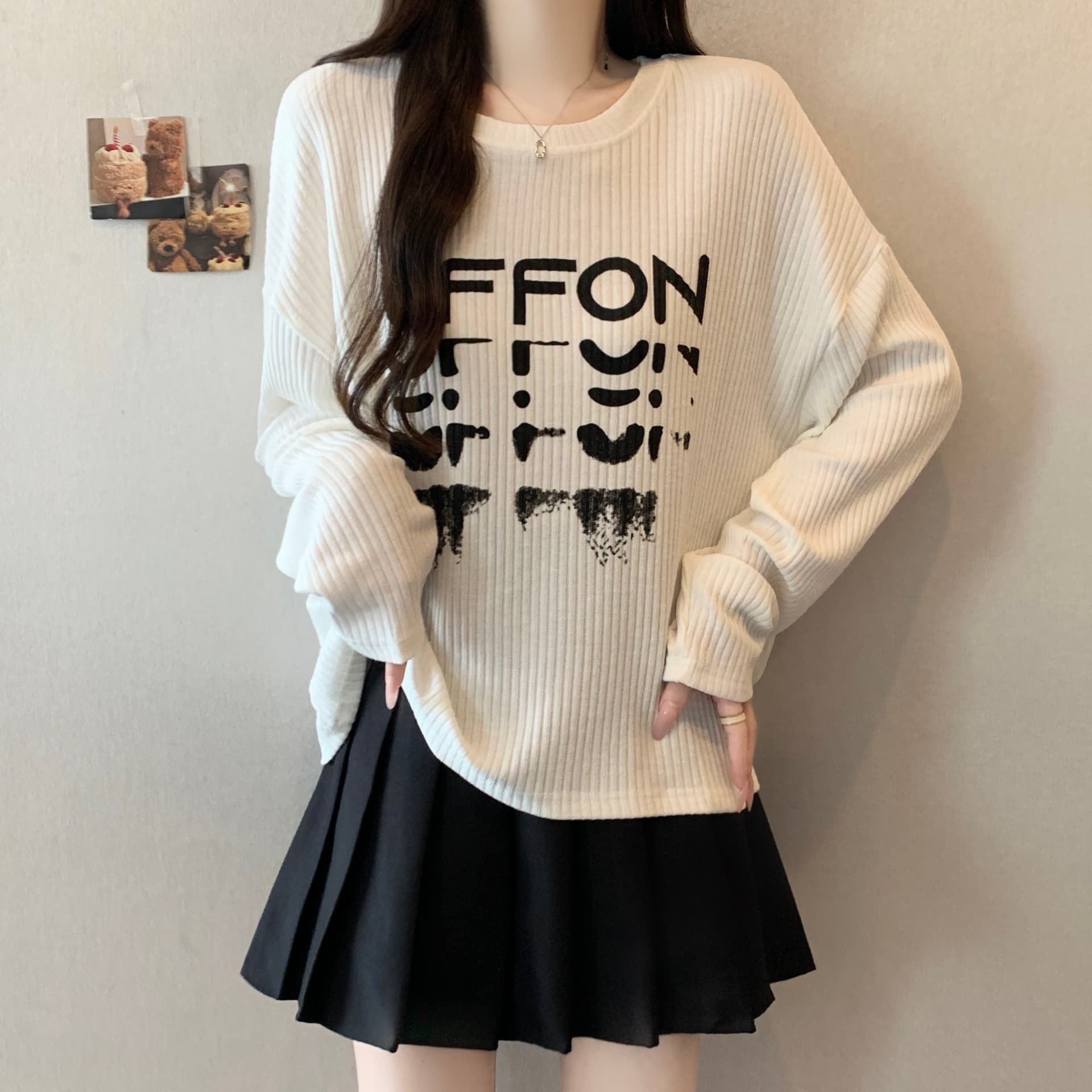 실사 2826# 마이크로 지방 mm 느긋한 바람 느슨함 센스 긴팔 티셔츠 미니멀리즘 캐주얼 다용도 구덩이 기사 프린트 맨위 상세 이미지 5