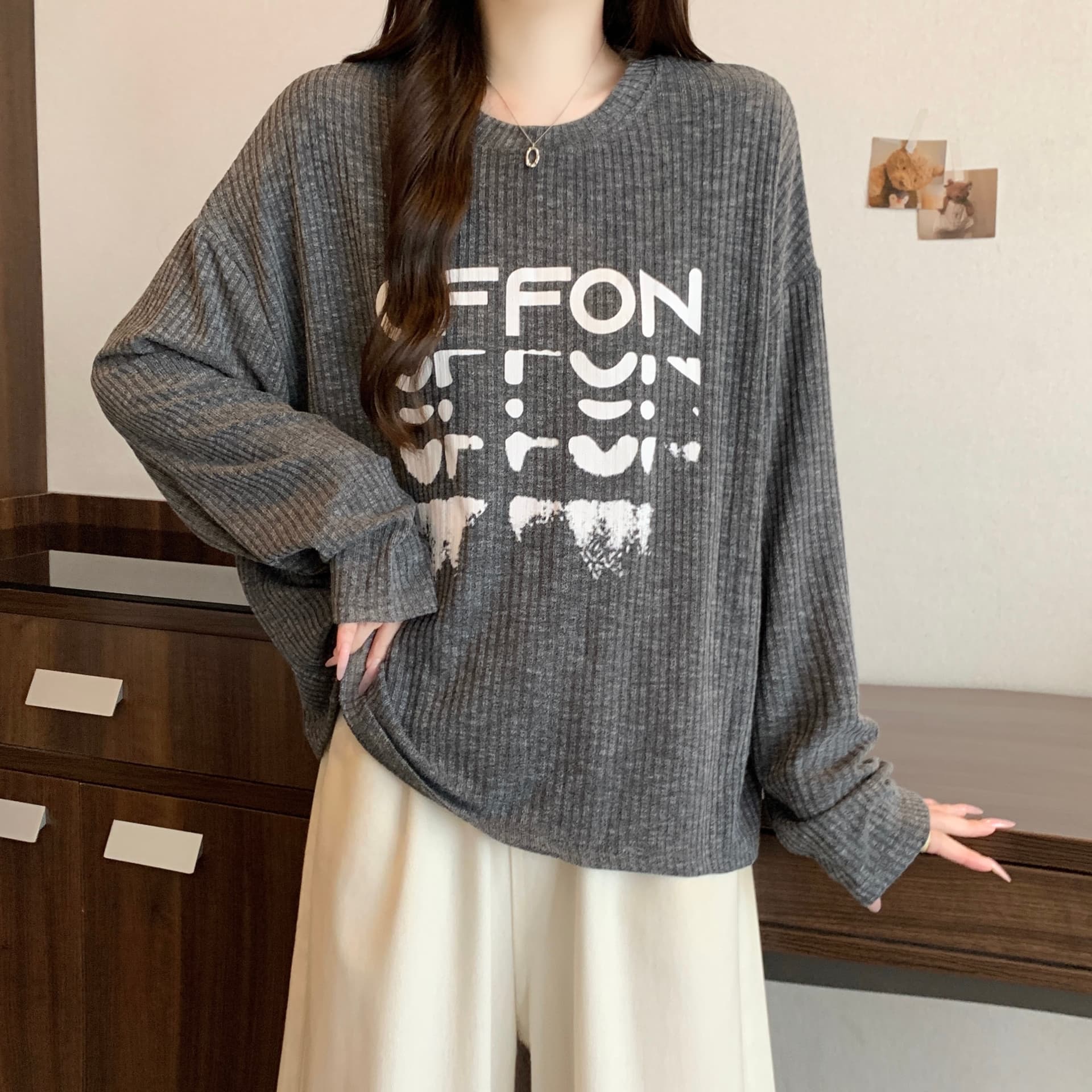 실사 2826# 마이크로 지방 mm 느긋한 바람 느슨함 센스 긴팔 티셔츠 미니멀리즘 캐주얼 다용도 구덩이 기사 프린트 맨위 상세 이미지 14
