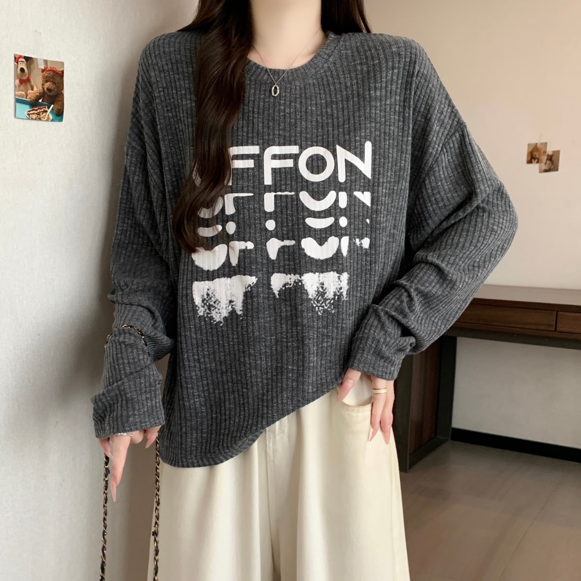 실사 2826# 마이크로 지방 mm 느긋한 바람 느슨함 센스 긴팔 티셔츠 미니멀리즘 캐주얼 다용도 구덩이 기사 프린트 맨위 상세 이미지 15