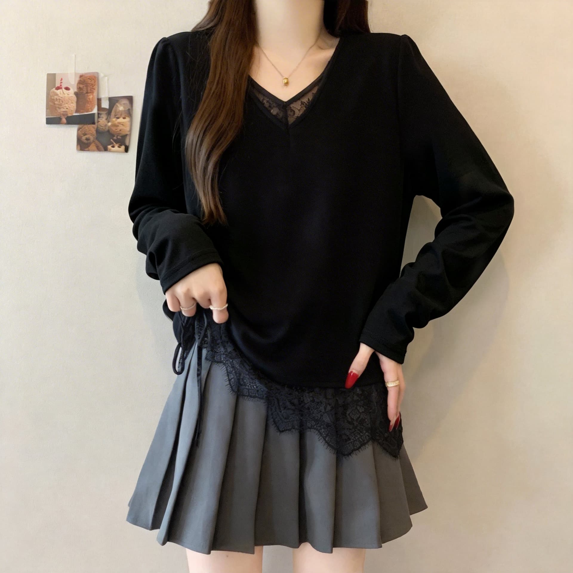 실사 2829 빅 사이즈 패치워크 레이스 페이크 레이어드 V넥 긴팔 티셔츠 지방 mm 슬림해 보이는 불규칙 디자인 센스 맨위 상세 이미지 7