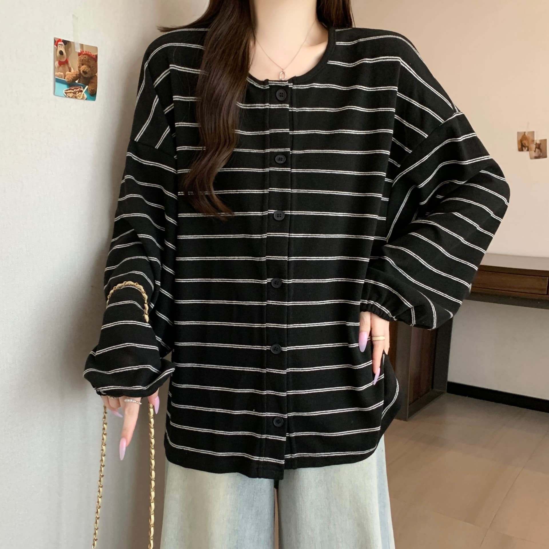 실사 2830# 빅 사이즈 지방 mm 느긋한 느슨함 바람 다용도 스트라이프 오픈 가디건 긴팔 재킷 한국 스타일 캐주얼 맨위 상세 이미지 12