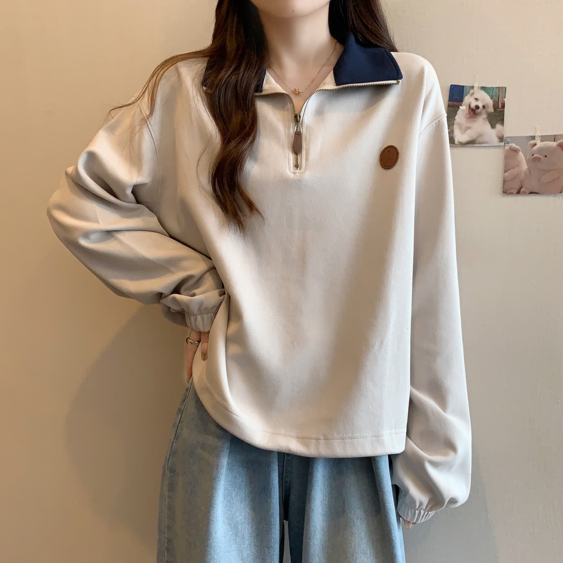 실사 2128# 빅 사이즈 여성 의류 레트로 미니멀리즘 개성 하프 지퍼 폴로 칼라 후드티 루즈핏 다용도 슬림해 보이는 맨위 이미지 3