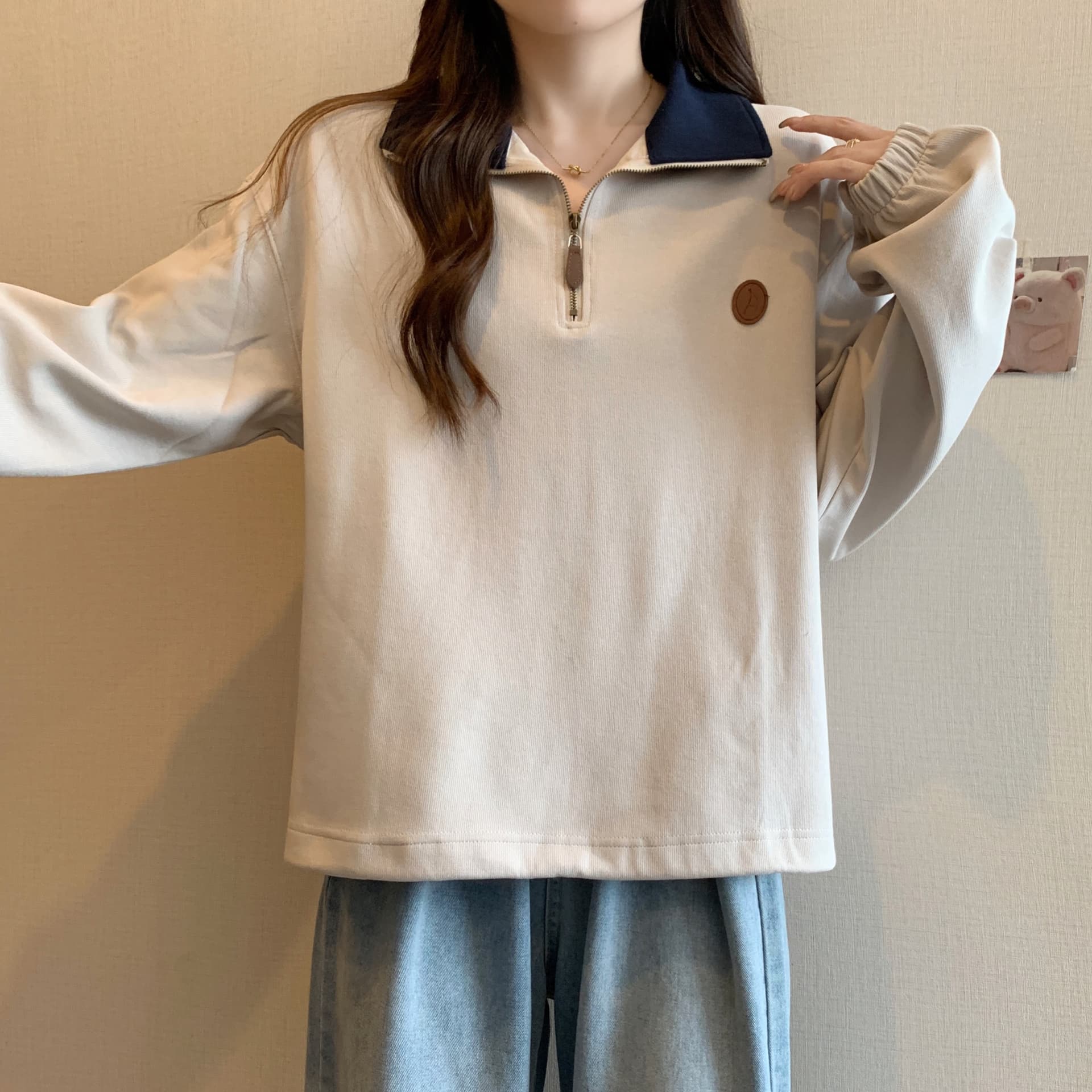 실사 2128# 빅 사이즈 여성 의류 레트로 미니멀리즘 개성 하프 지퍼 폴로 칼라 후드티 루즈핏 다용도 슬림해 보이는 맨위 상세 이미지 16