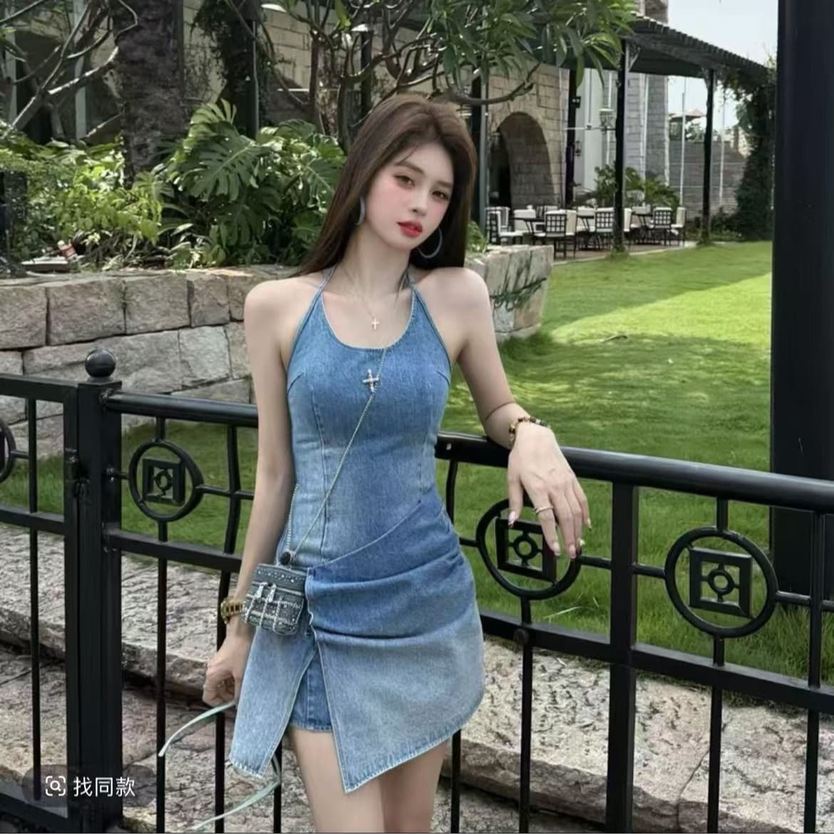 단 닝 미학 여름 새로운 몸매 가꾸기 슬림해 보이는 허리 수축 스택 Pleat 행침 목 데님 드레스 이미지 5