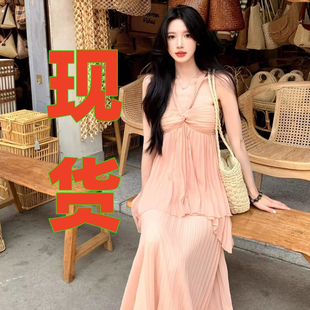 하나 달콤한 복숭아 yikett 분말 안개 모네 단색 슬립 맨위 플리츠 반신 치마 세트 여성 여름 이미지 5