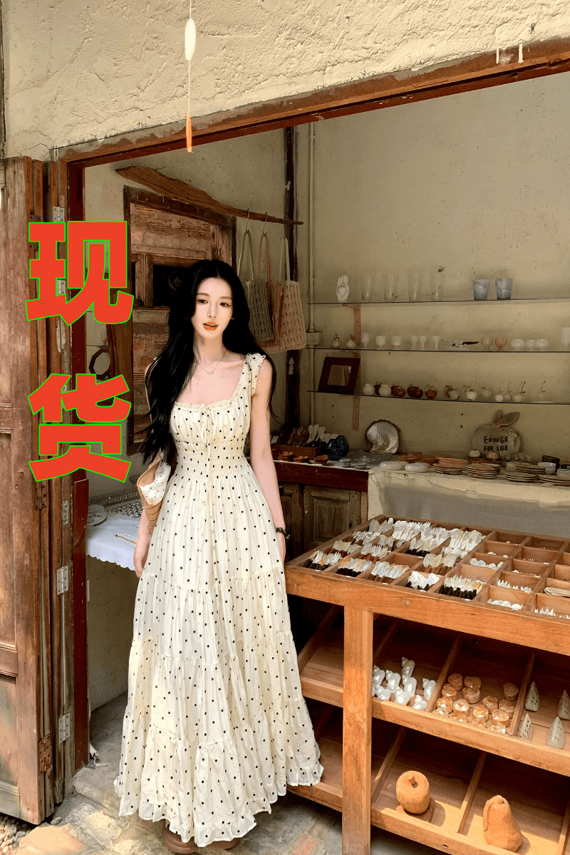 하나 달콤한 복숭아 yikett 화이트 티 도트 무늬 슬립 도트 무늬 여성 드레스 여름 휴가 꼬집기 허리 작은 치마 이미지 3