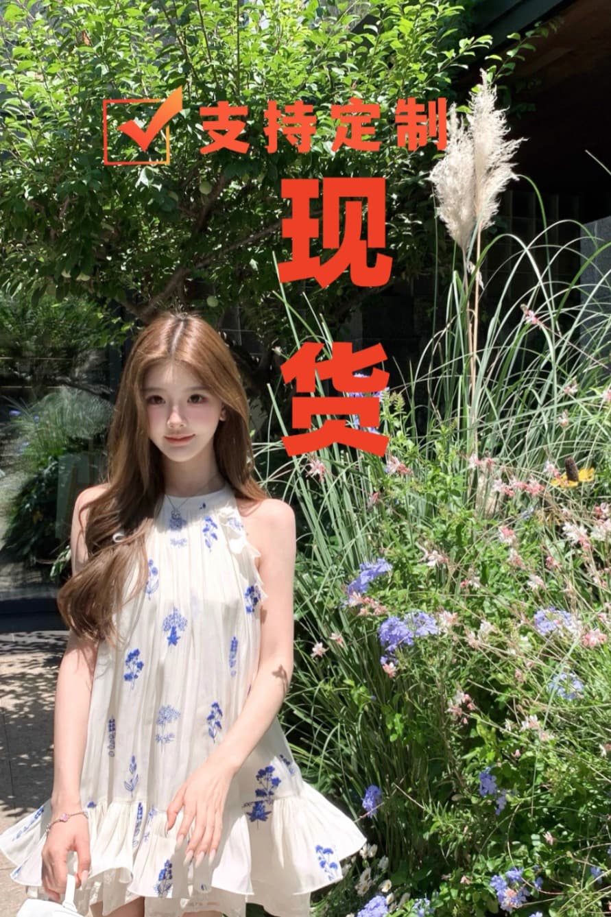 q 여자 집 6 10 수묵화 파란색과 흰색 부드러운 바람 레이스 조각 파란색 꽃무늬 자수 민소매 진자 드레스 이미지 6