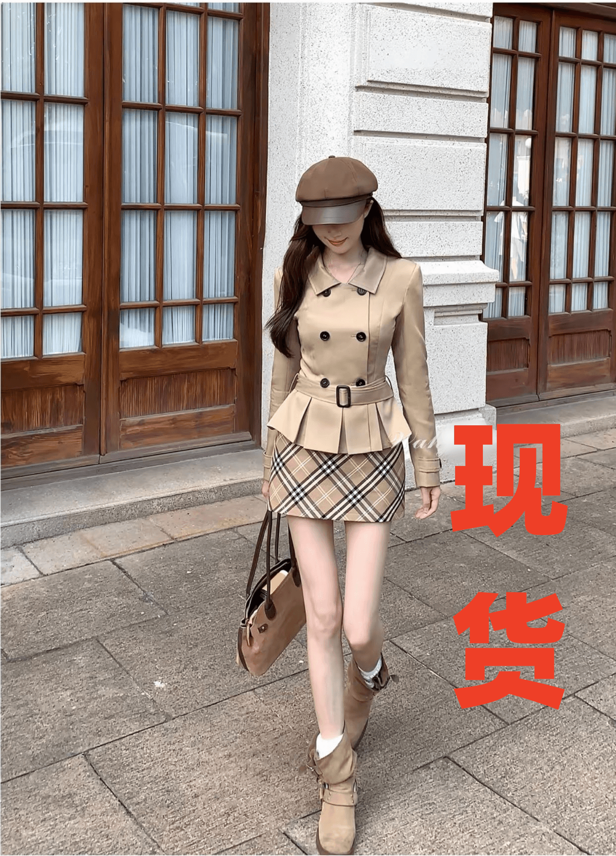 회화 솔루션 wahju 영국식 브라운 남자 이른 가을 영국식 바람 천 골드 센스 레트로 스타일 외투 체크무늬 반 스커트 이미지 3