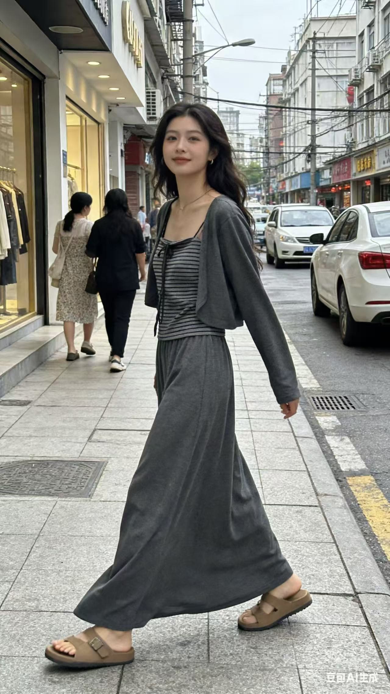 새로운 봄 배색 스트라이프 튜브탑 슬립 자외선 차단 오픈 가디건 도루 센스 빅 플레어 스커트 3종 세트 상세 이미지 6