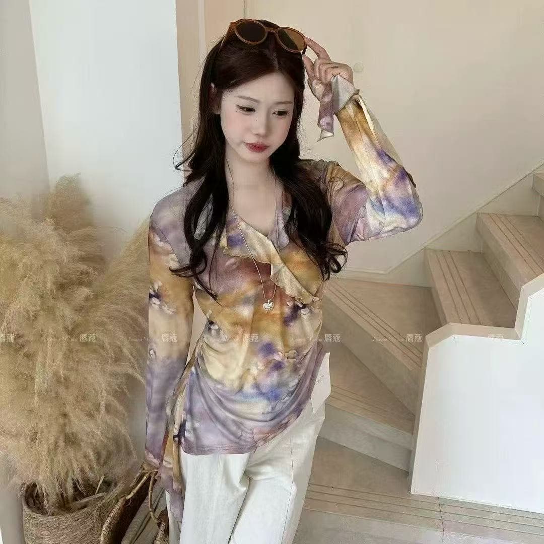 새로운 한국 스타일 디자인 센스 작은 대중 불규칙 프릴 V넥 티셔츠 상세 이미지 1