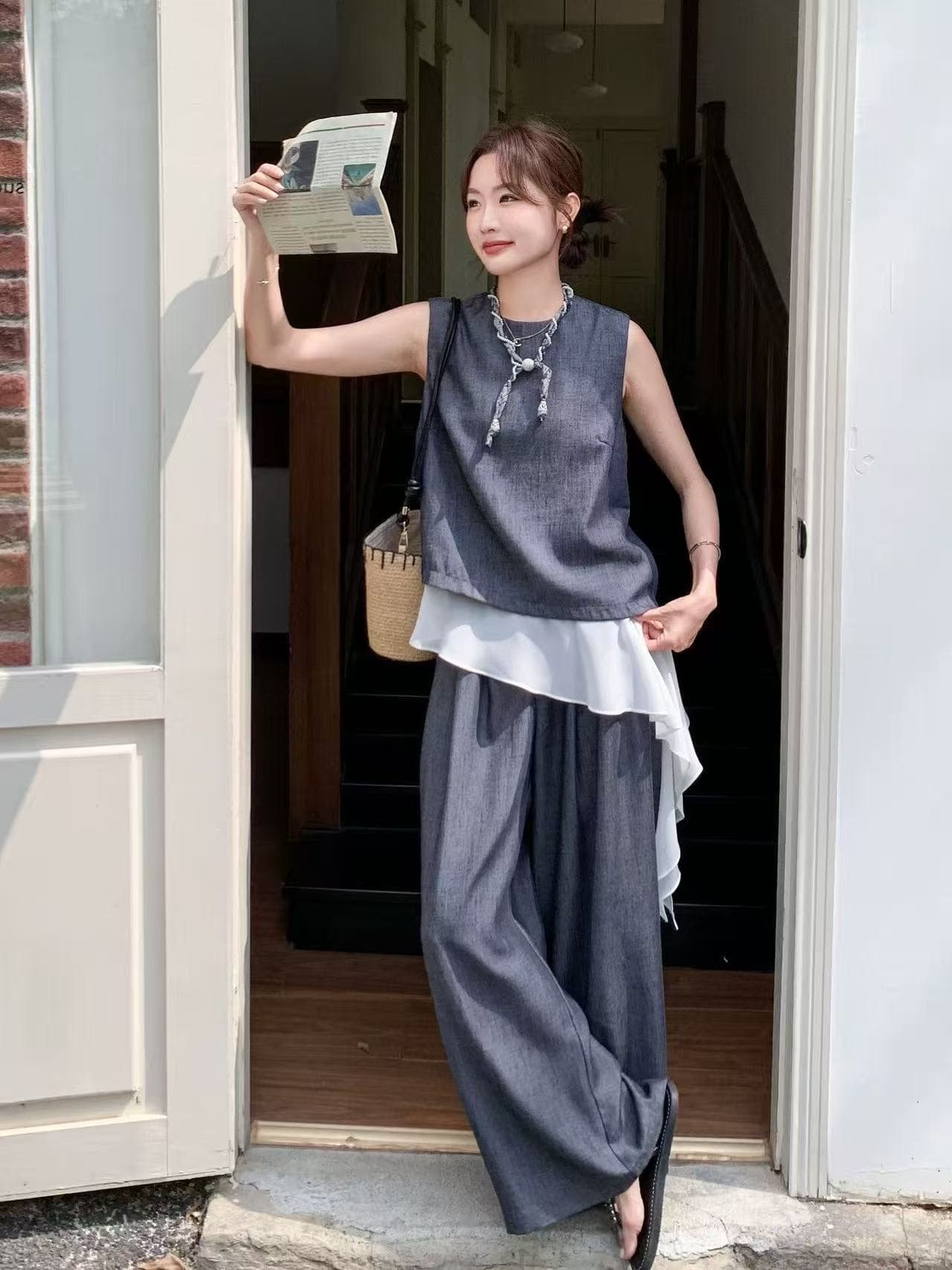 새로운 프랑스식 패션 민소매 페이크 레이어드 불규칙 베스트 하이웨이스트 슬림해 보이는 캐주얼 바지 투피스 세트 이미지 2