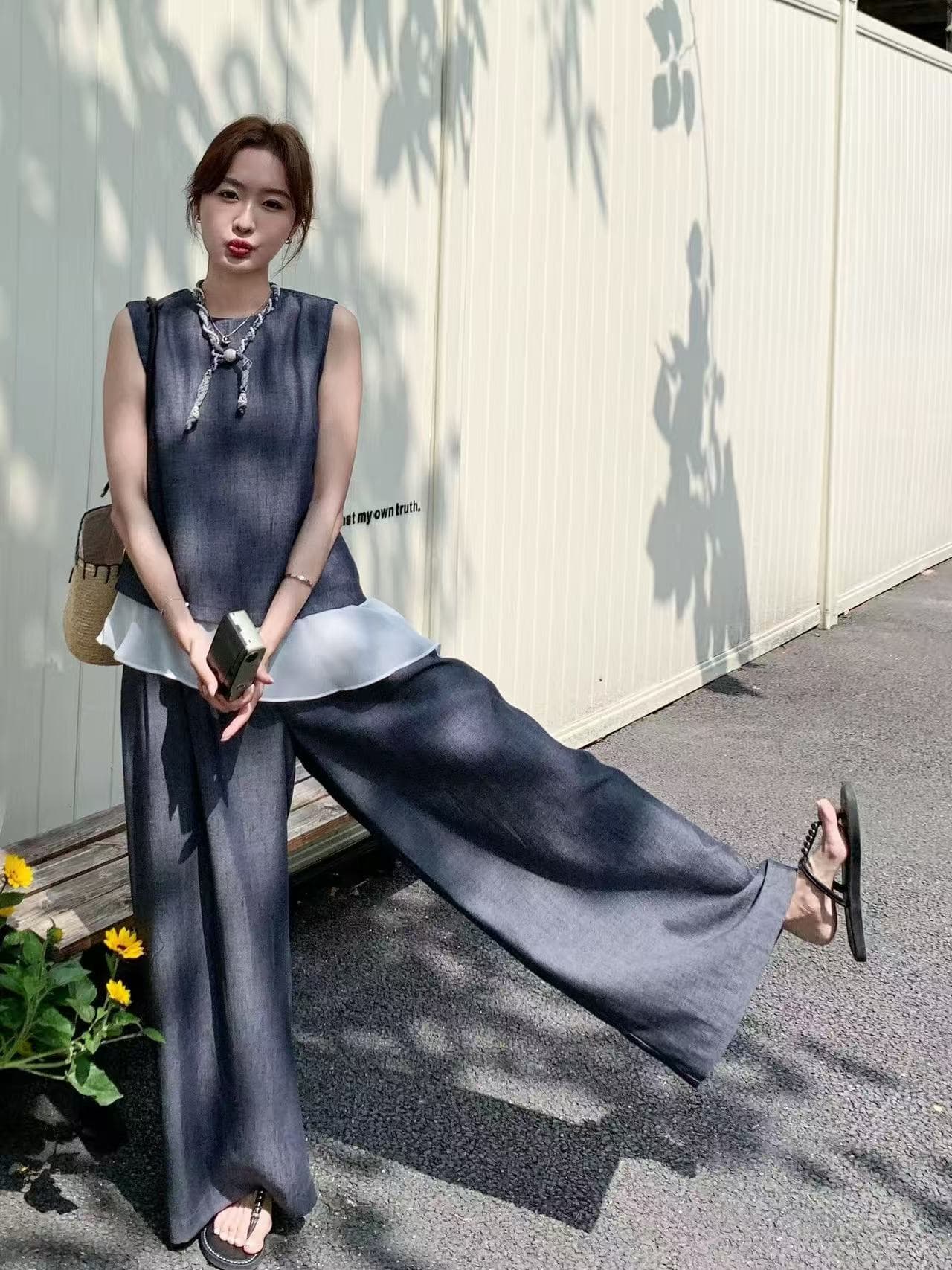 새로운 프랑스식 패션 민소매 페이크 레이어드 불규칙 베스트 하이웨이스트 슬림해 보이는 캐주얼 바지 투피스 세트 상세 이미지 4