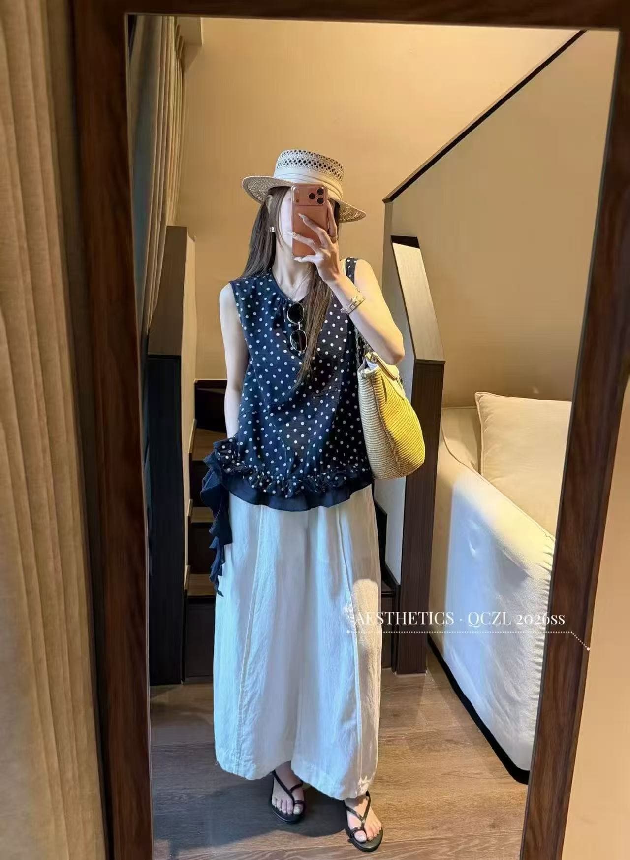 새로운 한 부서 면 린넨 민소매 불규칙 도트 무늬 조끼 맨위 허리밴드 와이드 레그 팬츠 투피스 세트 이미지 5