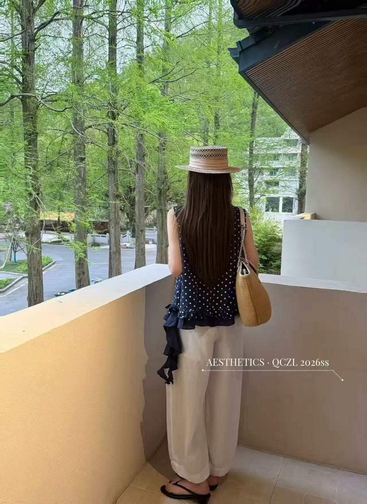 새로운 한 부서 면 린넨 민소매 불규칙 도트 무늬 조끼 맨위 허리밴드 와이드 레그 팬츠 투피스 세트 상세 이미지 5