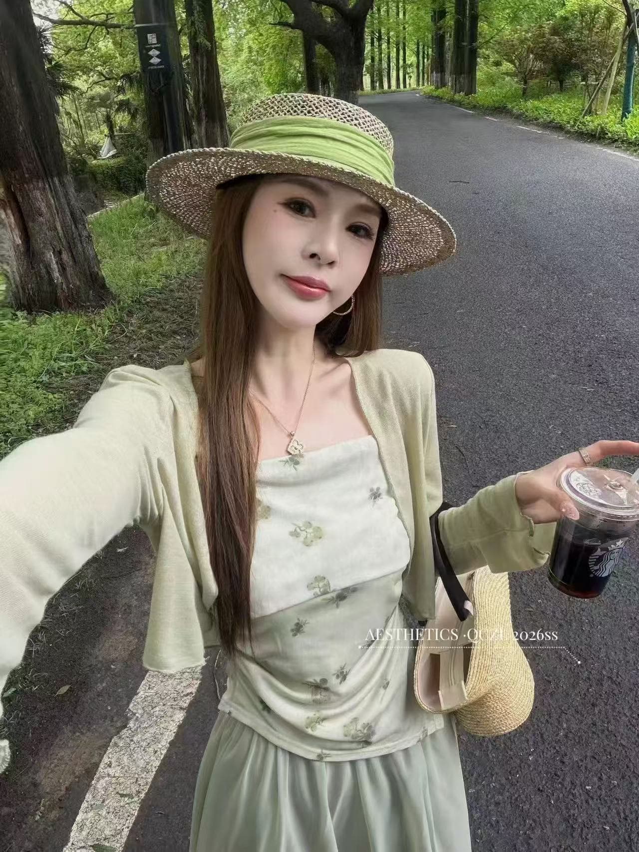 새로운 프랑스식 달콤한 매운맛 바람 자외선 차단 니트 오픈 가디건 불규칙 꽃무늬 작은 슬링 반신 스커트 3 세트 이미지 5