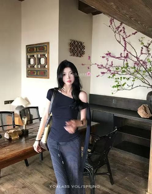새로운 한국 스타일 비스듬한 어깨 나비 매듭 스트랩 반팔 몸매 가꾸기 맨위 허리밴드 캐주얼 반신 치마 세트 이미지 2