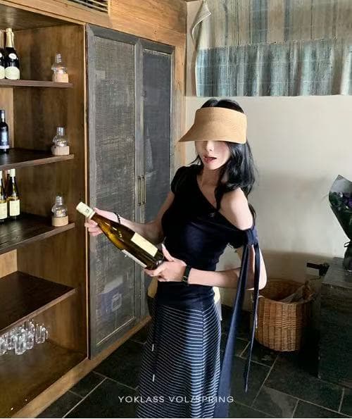 새로운 한국 스타일 비스듬한 어깨 나비 매듭 스트랩 반팔 몸매 가꾸기 맨위 허리밴드 캐주얼 반신 치마 세트 이미지 4