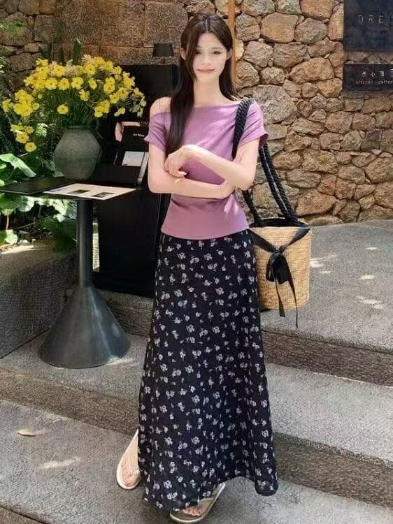 새로운 패션 달콤함 부드러운 바람 오프숄더 반팔 티셔츠 허리밴드 꽃무늬 반신 스커트 투피스 세트 상세 이미지 1