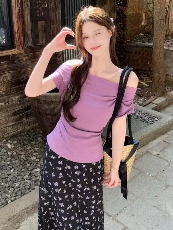 새로운 패션 달콤함 부드러운 바람 오프숄더 반팔 티셔츠 허리밴드 꽃무늬 반신 스커트 투피스 세트 상세 이미지 2