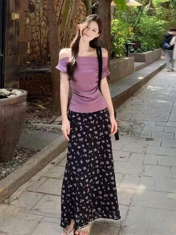 새로운 패션 달콤함 부드러운 바람 오프숄더 반팔 티셔츠 허리밴드 꽃무늬 반신 스커트 투피스 세트 상세 이미지 6