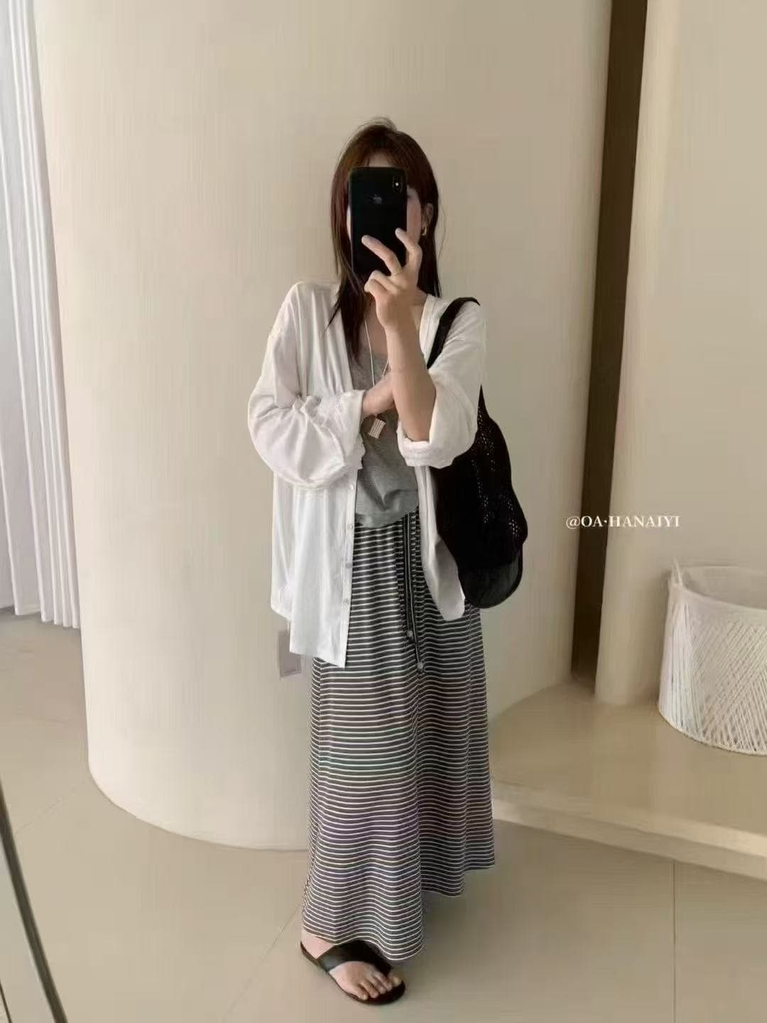 새로운 한국 스타일 루즈핏 캐주얼 자외선 차단 오픈 가디건 조끼 허리밴드 스트라이프 반신 스커트 3종 세트 이미지 3