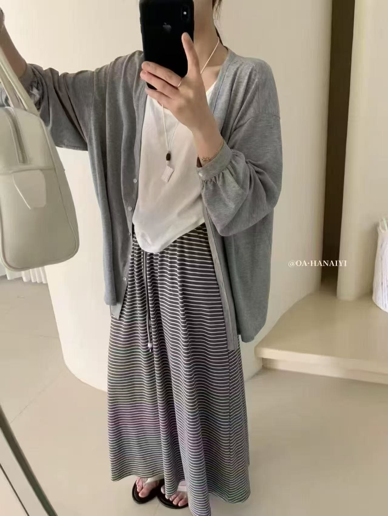 새로운 한국 스타일 루즈핏 캐주얼 자외선 차단 오픈 가디건 조끼 허리밴드 스트라이프 반신 스커트 3종 세트 상세 이미지 6