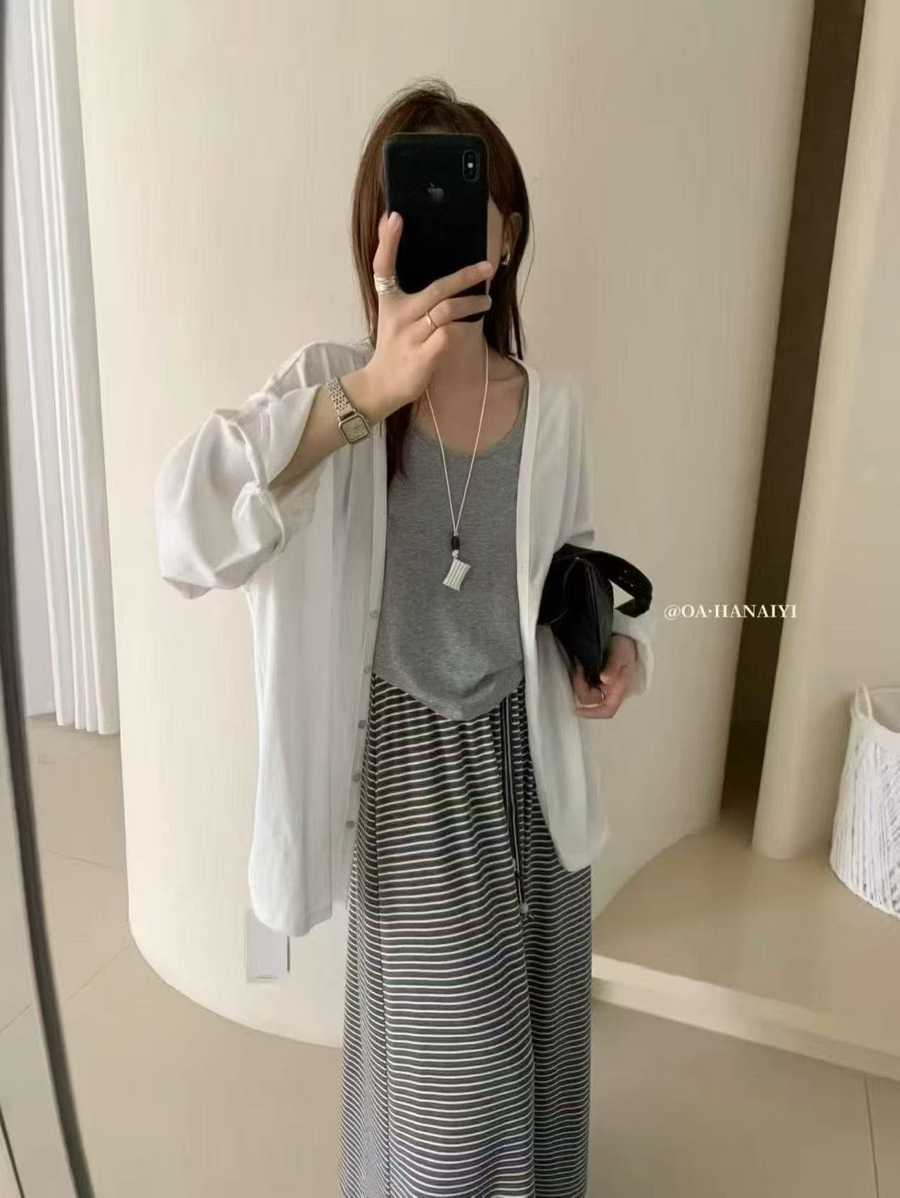새로운 한국 스타일 루즈핏 캐주얼 자외선 차단 오픈 가디건 조끼 허리밴드 스트라이프 반신 스커트 3종 세트 상세 이미지 8