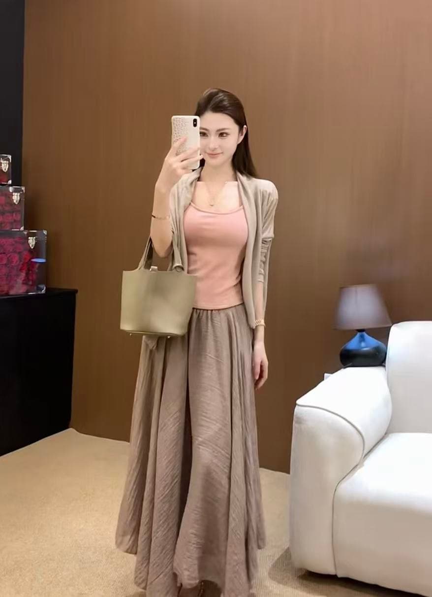 새로운 감기 센스 젠 부드러운 바람 자외선 차단 얇은 스타일 불규칙 오픈 가디건 조끼 반신 스커트 3 세트 이미지 2