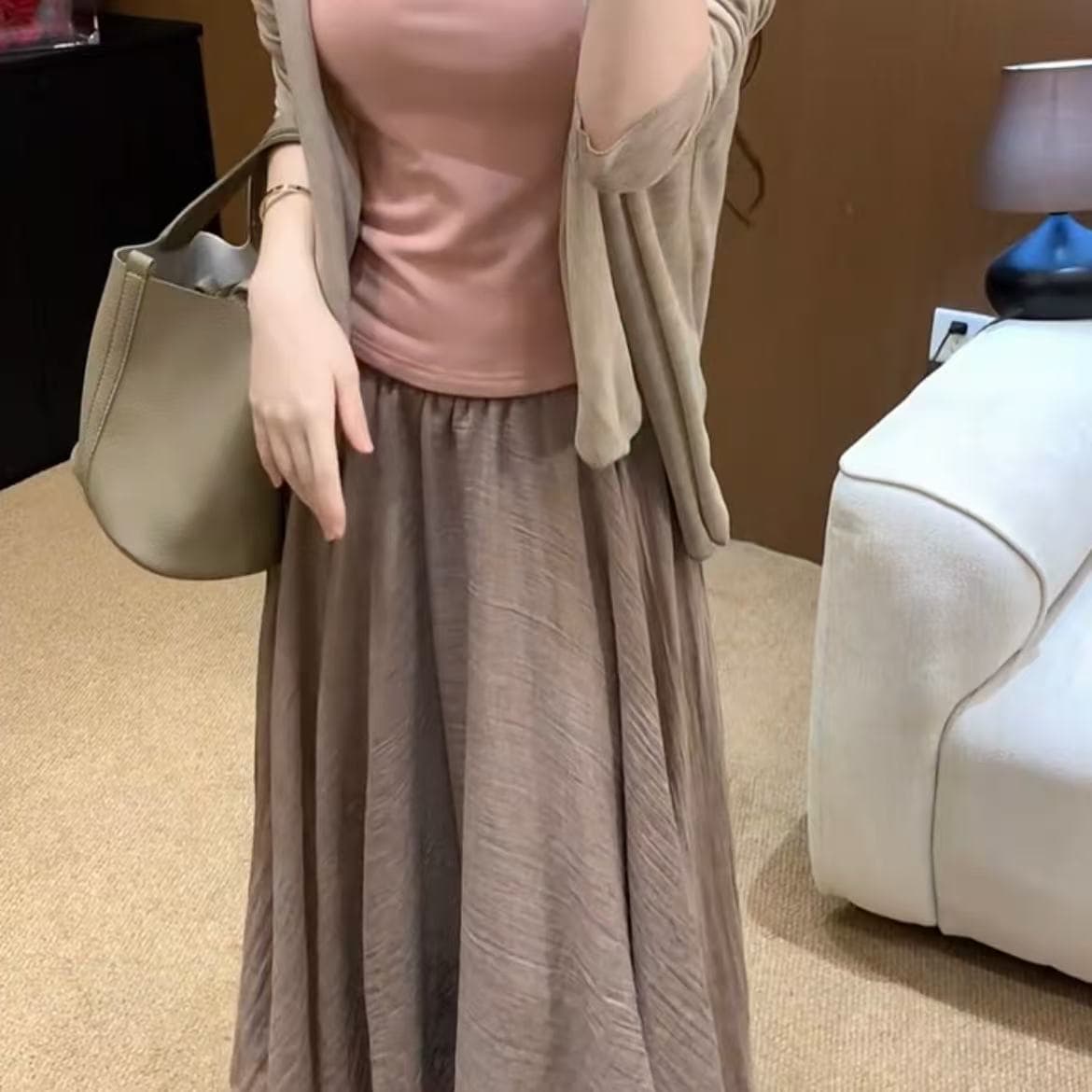 새로운 감기 센스 젠 부드러운 바람 자외선 차단 얇은 스타일 불규칙 오픈 가디건 조끼 반신 스커트 3 세트 이미지 5