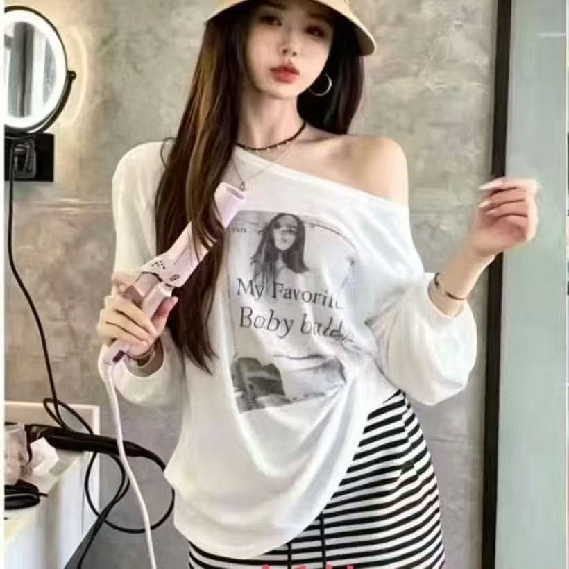 한 부서 캐주얼 느긋한 바람 루즈핏 긴팔 프린트 오프숄더 맨위 허리밴드 스트라이프 반신 스커트 투피스 세트 상세 이미지 4