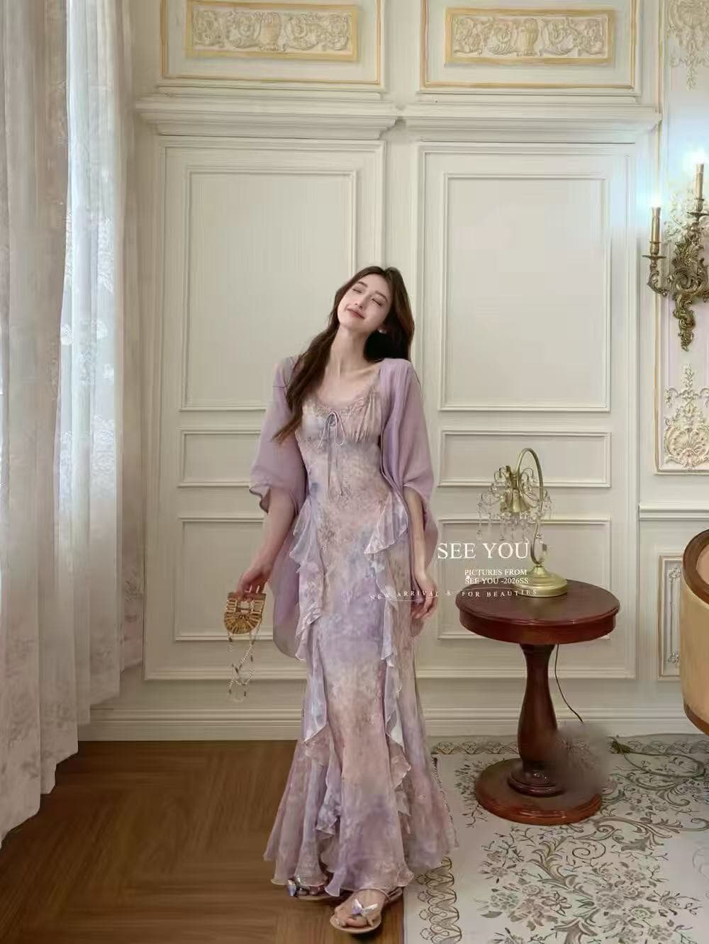 새로운 부드러운 바람 쉬폰 작은 숄 자외선 차단 의류 슬립 프릴 허리 수축 드레스 투피스 세트 상세 이미지 2