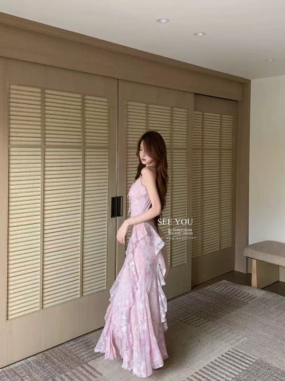 새로운 부드러운 바람 쉬폰 작은 숄 자외선 차단 의류 슬립 프릴 허리 수축 드레스 투피스 세트 상세 이미지 4