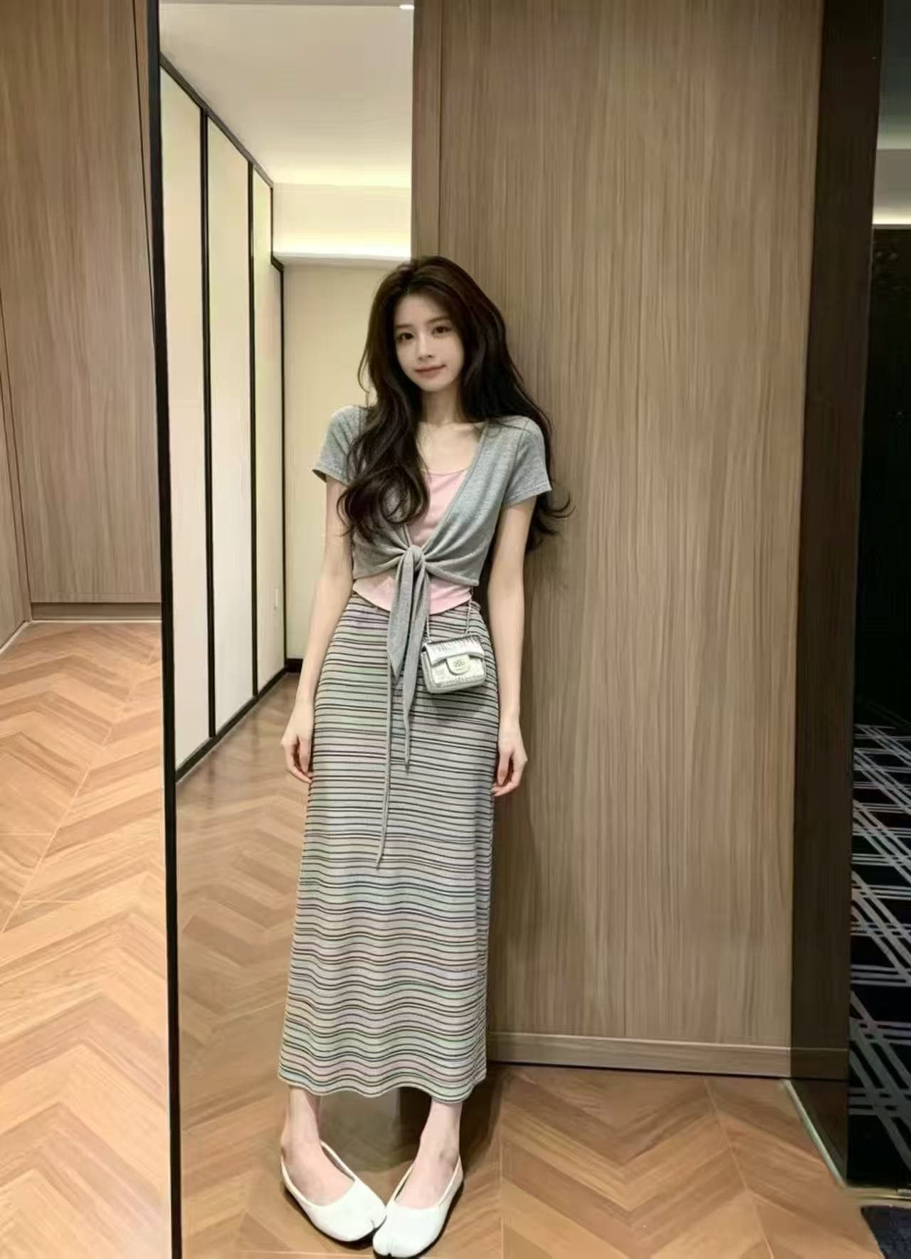 새로운 한 부서 품격 달콤한 매운맛 바람 레이스업 반팔 오픈 가디건 캐미솔 하이웨이스트 스트라이프 반 스커트 세트 상세 이미지 2