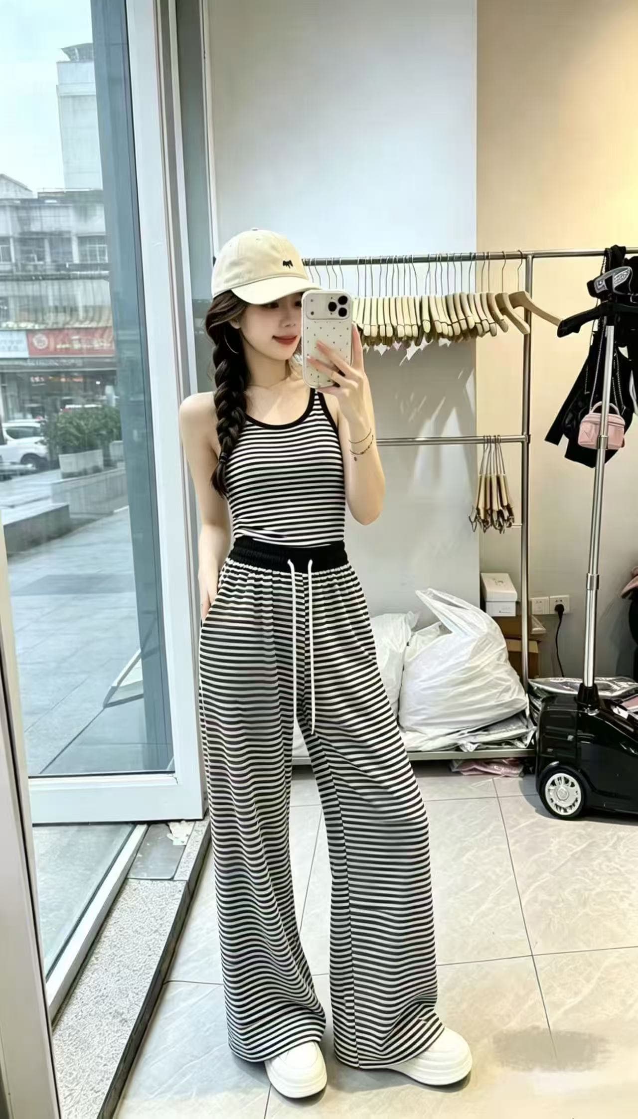 새로운 한국 스타일 루즈핏 다용도 자외선 차단 셔츠 스트라이프 슬립 허리밴드 와이드 레그 팬츠 3종 세트 이미지 3