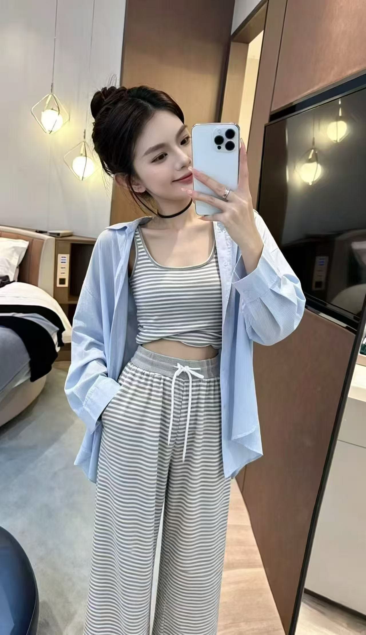 새로운 한국 스타일 루즈핏 다용도 자외선 차단 셔츠 스트라이프 슬립 허리밴드 와이드 레그 팬츠 3종 세트 이미지 4