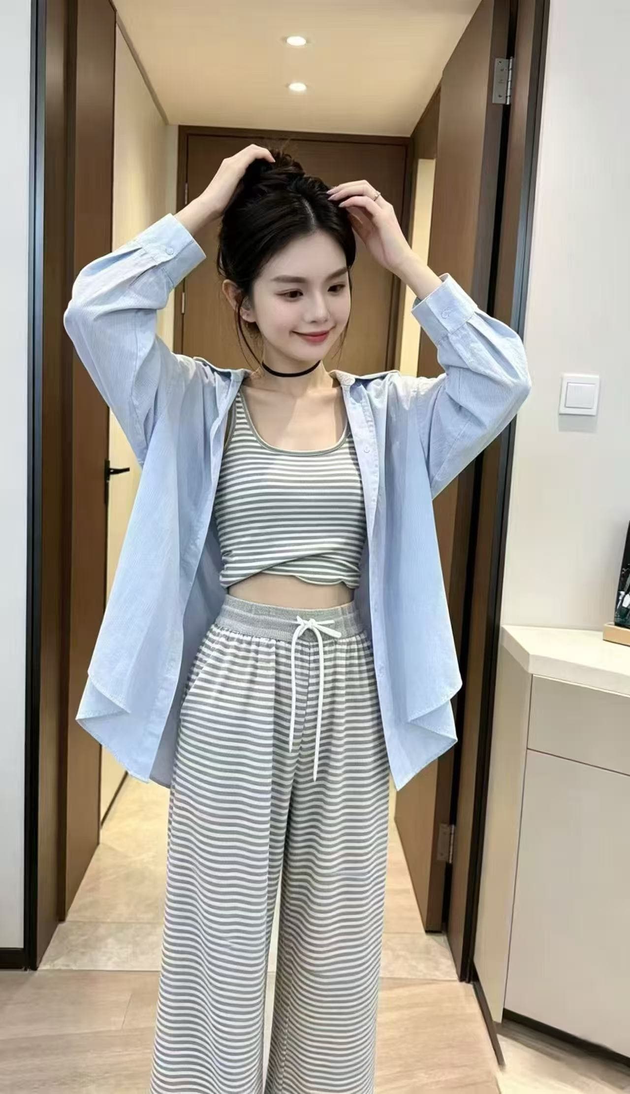새로운 한국 스타일 루즈핏 다용도 자외선 차단 셔츠 스트라이프 슬립 허리밴드 와이드 레그 팬츠 3종 세트 상세 이미지 5
