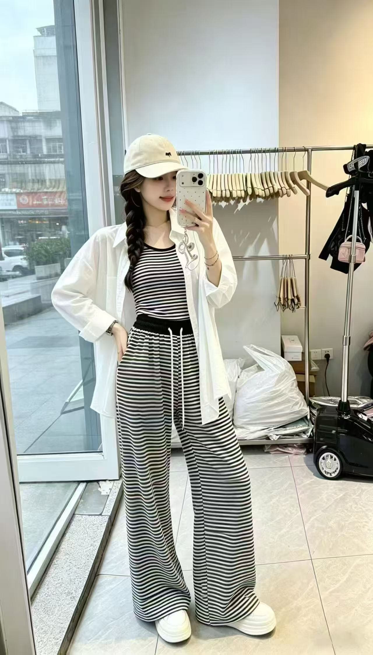 새로운 한국 스타일 루즈핏 다용도 자외선 차단 셔츠 스트라이프 슬립 허리밴드 와이드 레그 팬츠 3종 세트 상세 이미지 6