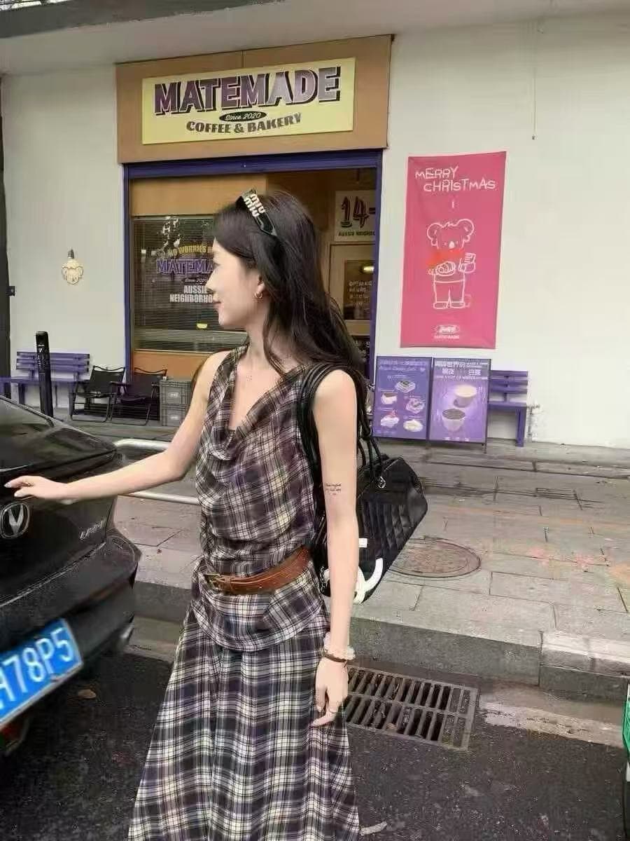 새로운 패션 프랑스식 레트로 품격 체크무늬 캐미솔 허리밴드 빅 플레어 스커트 벨트 3 세트 상세 이미지 5