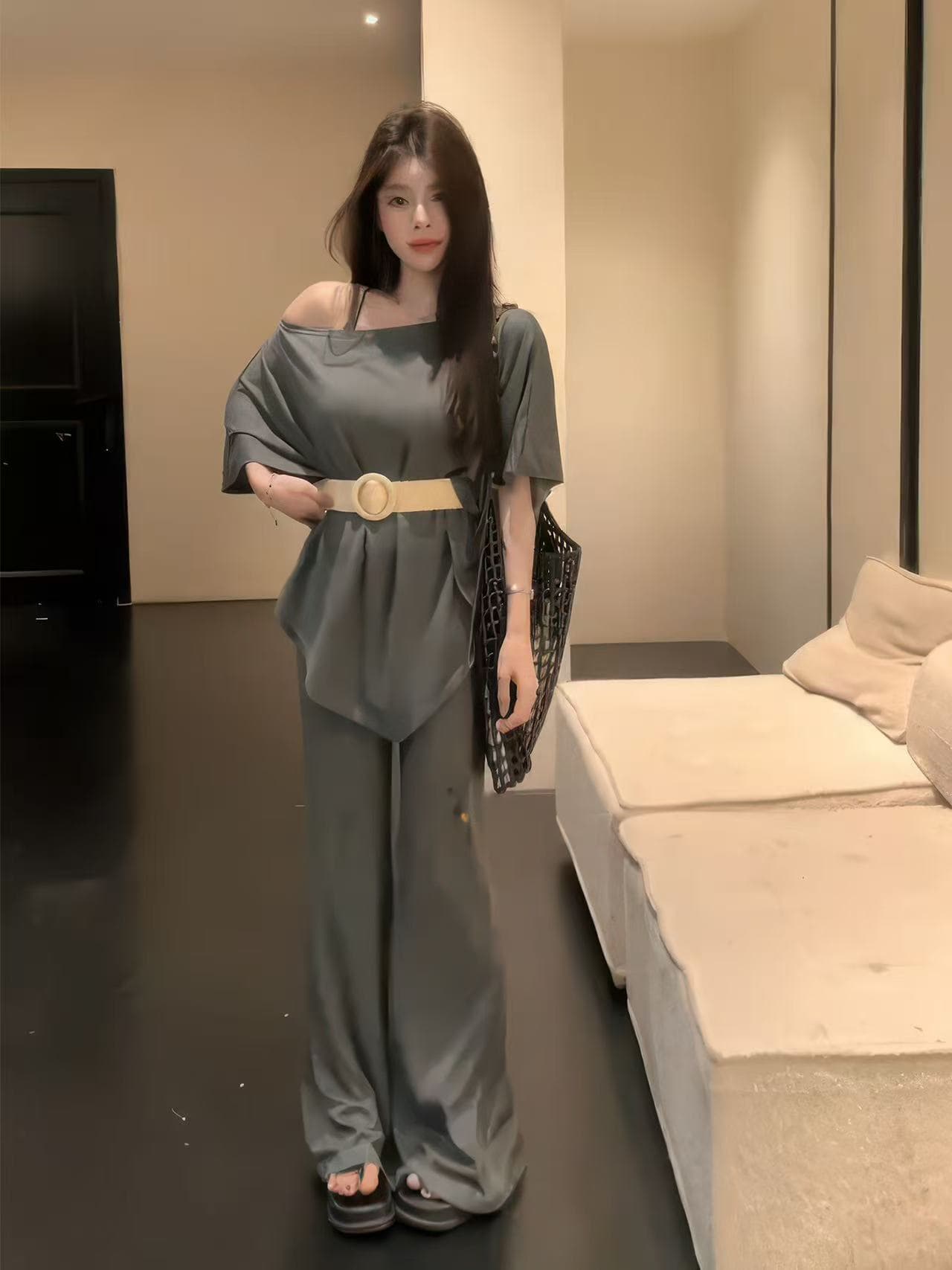 새로운 불규칙 느긋한 망토 중간 소매 맨위 허리밴드 부츠컷 긴 바지 벨트 세트 이미지 4