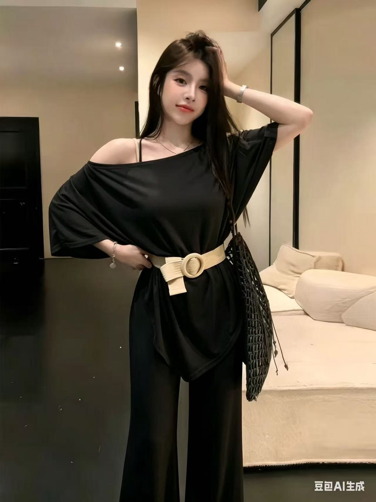 새로운 불규칙 느긋한 망토 중간 소매 맨위 허리밴드 부츠컷 긴 바지 벨트 세트 상세 이미지 7