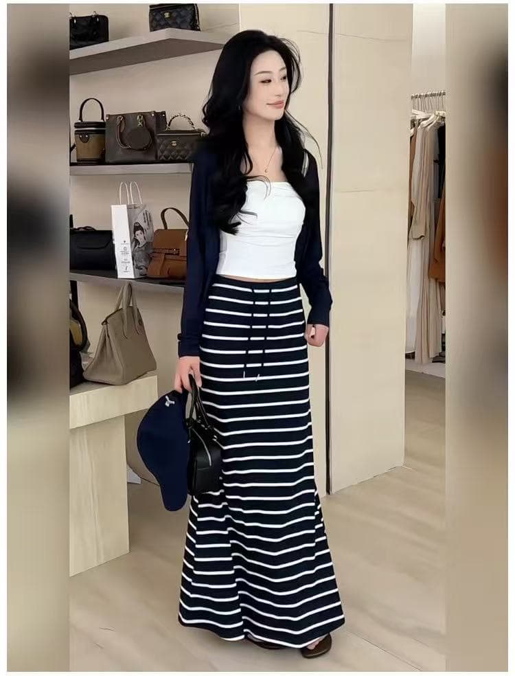 새로운 순수한 욕망 바람 섹시함 캐미솔 외부 피 배색 스트라이프 반신 스커트 핫걸 3종 세트 이미지 3
