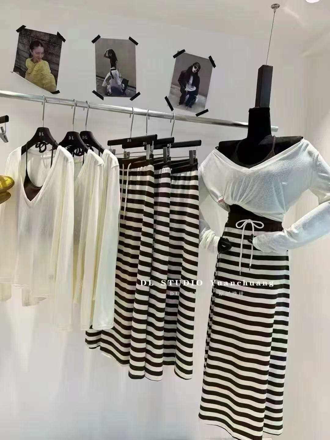 새로운 루즈핏 V넥 긴팔 자외선 차단 의류 행침 목 슬립 허리밴드 스트라이프 반신 스커트 3종 세트 상세 이미지 4