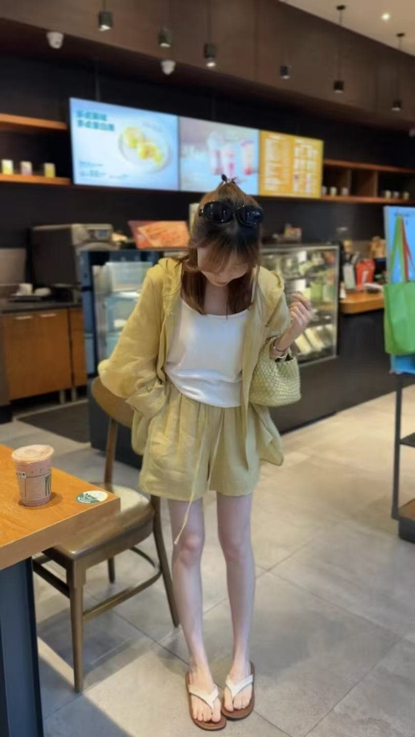 새로운 루즈핏 얇고 가벼운 오래된 돈 바람 프랑스식 프로필 모양 느긋한 아마 셔츠 슬립 반바지 3 세트 상세 이미지 1